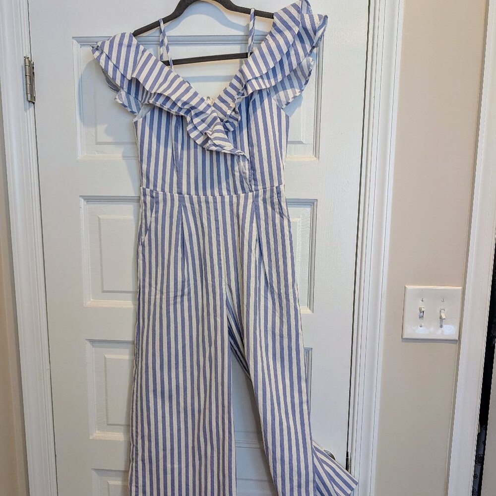 Main strip Blue and White Striped Off The Shoulder Ruffle Jumper